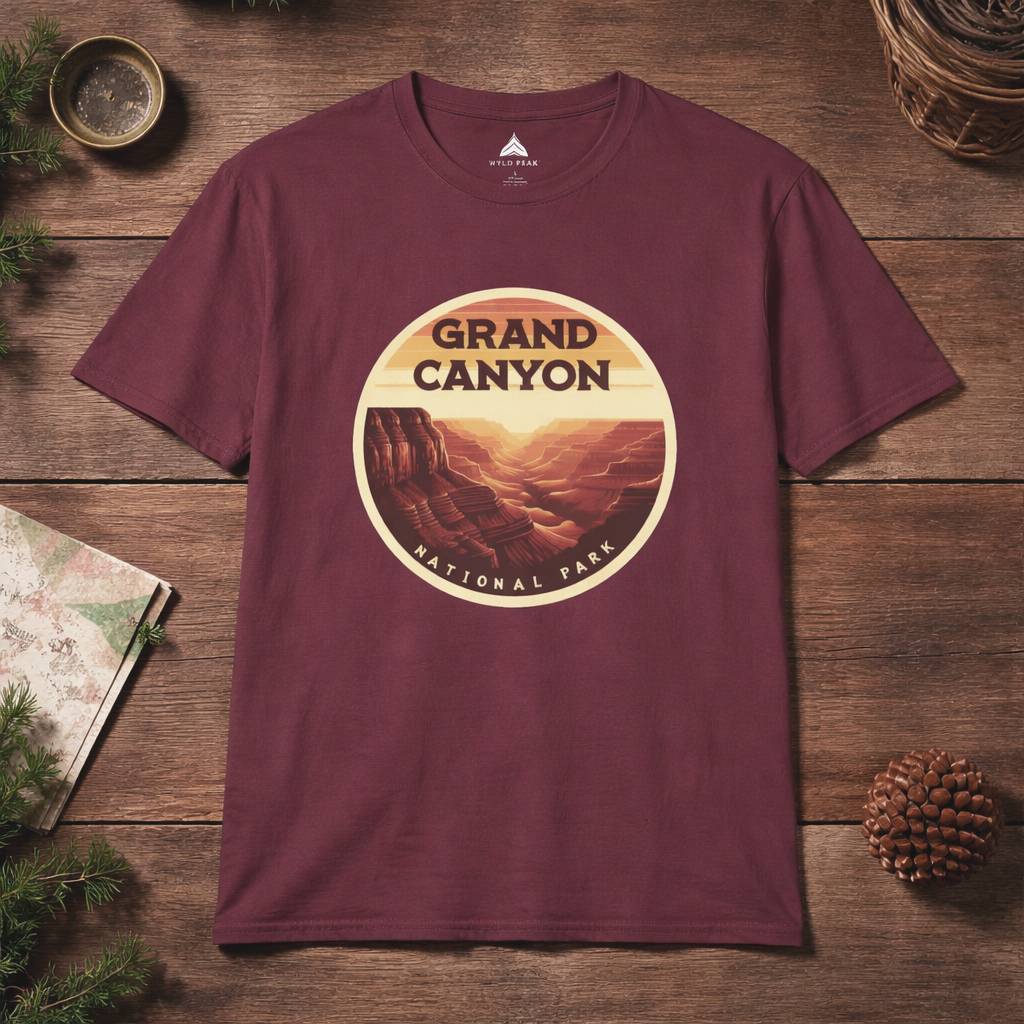 Maroon t-shirt with Grand Canyon National Park graphic on a wooden surface
