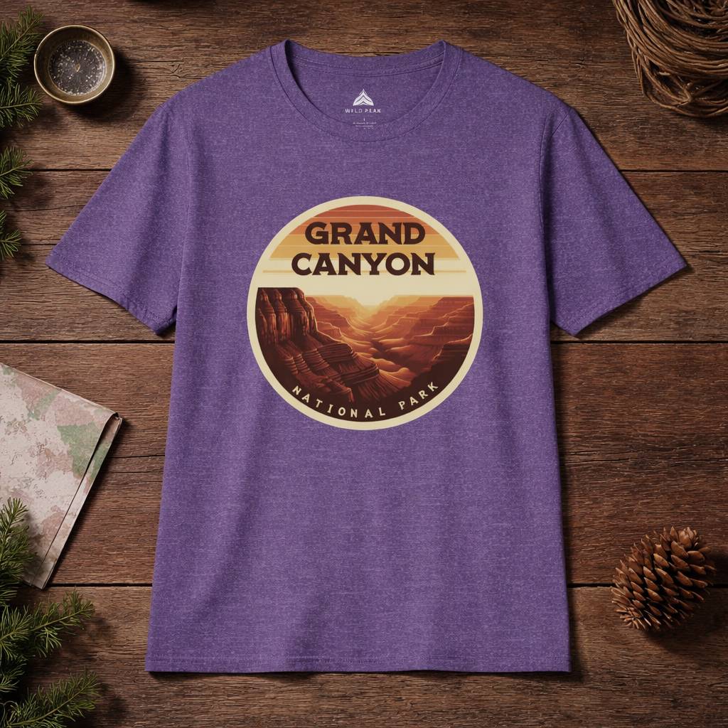 Purple t-shirt with Grand Canyon National Park graphic on a wooden surface