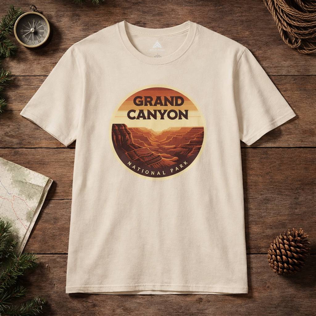 Beige t-shirt with Grand Canyon National Park graphic on a wooden surface with nature-themed decor.