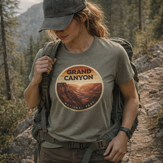 Person wearing a Grand Canyon National Park t-shirt in a forest setting