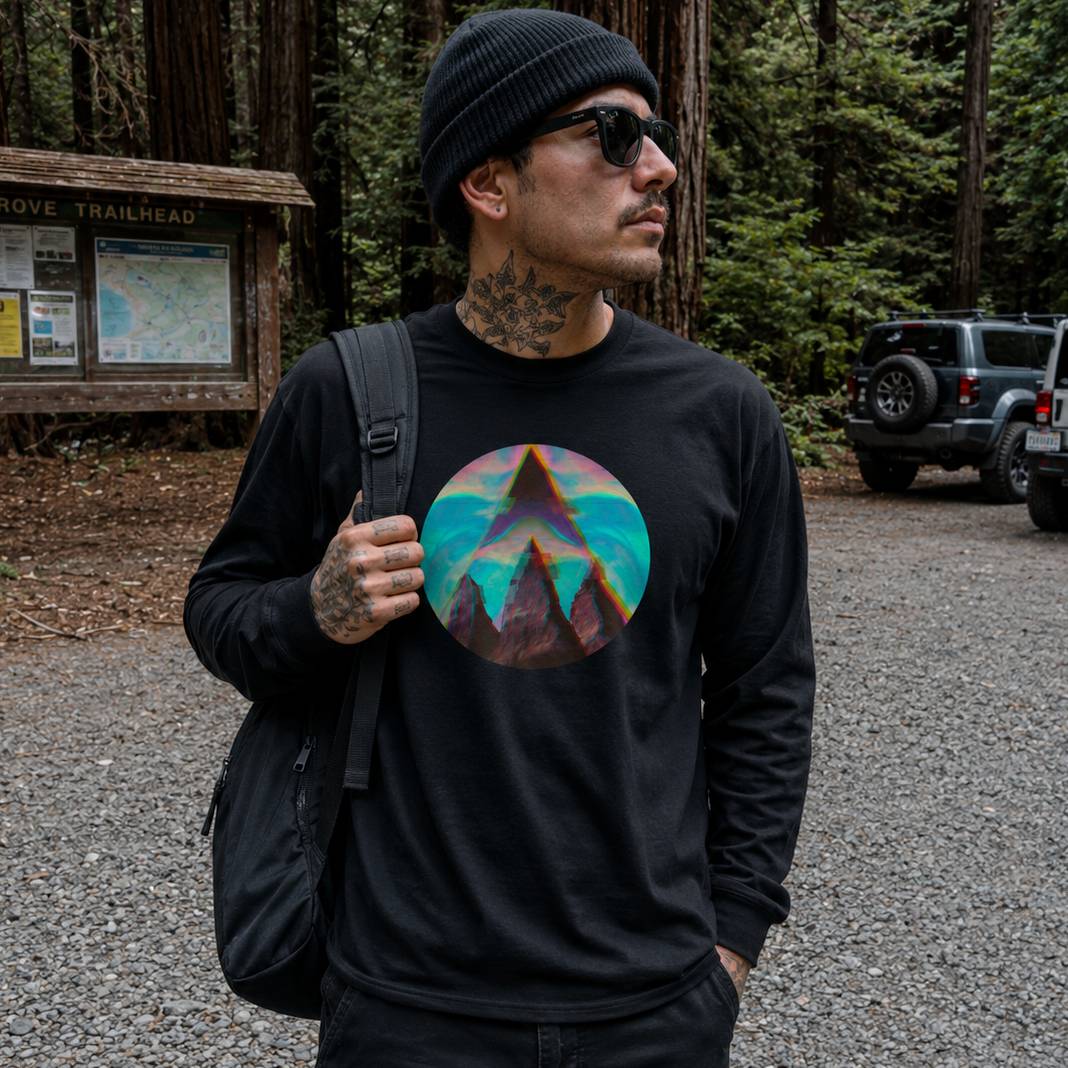 Man wearing a black t-shirt with a colorful mountain design, standing in a forested area.
