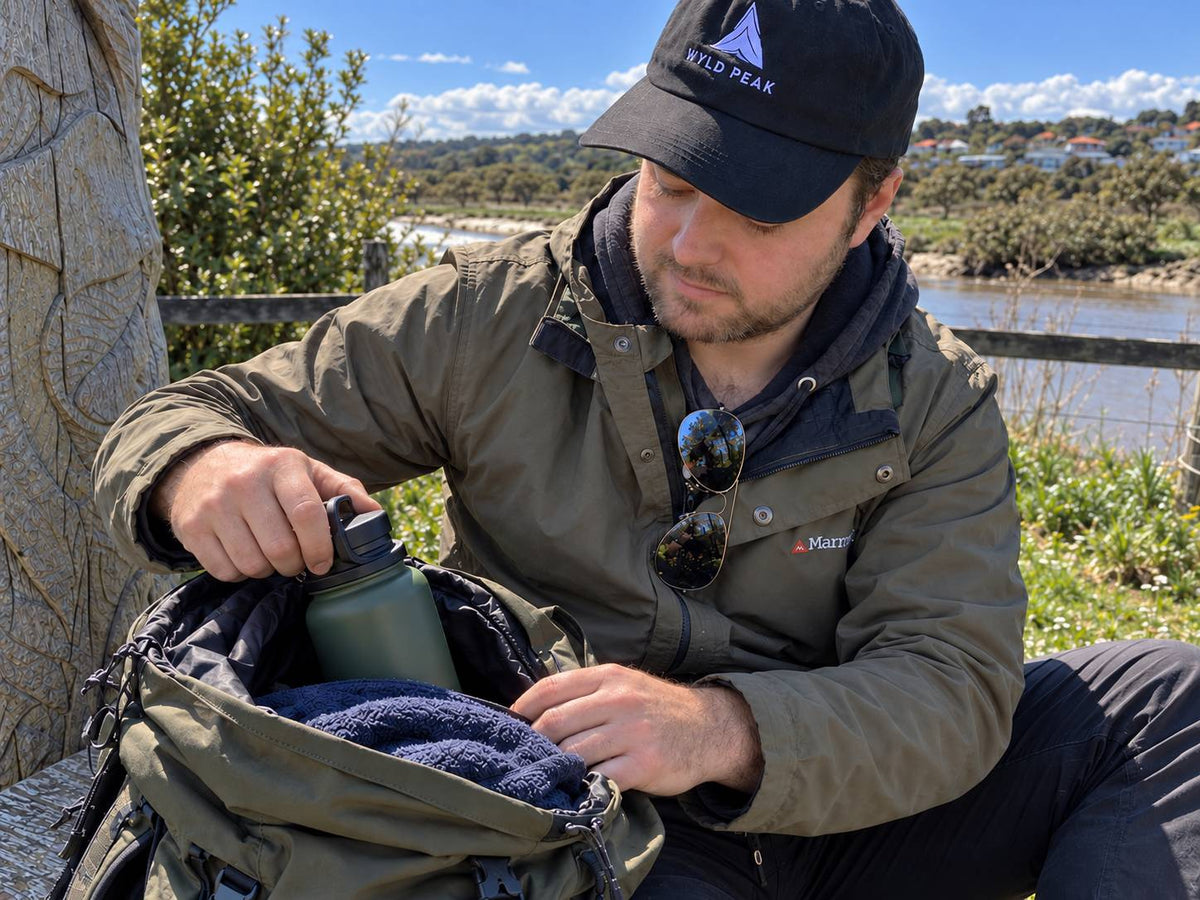 A man wearing a black Wyld Peak cap and a green jacket sits outdoors by a river, packing a green water bottle into a green backpack with a blue towel inside.