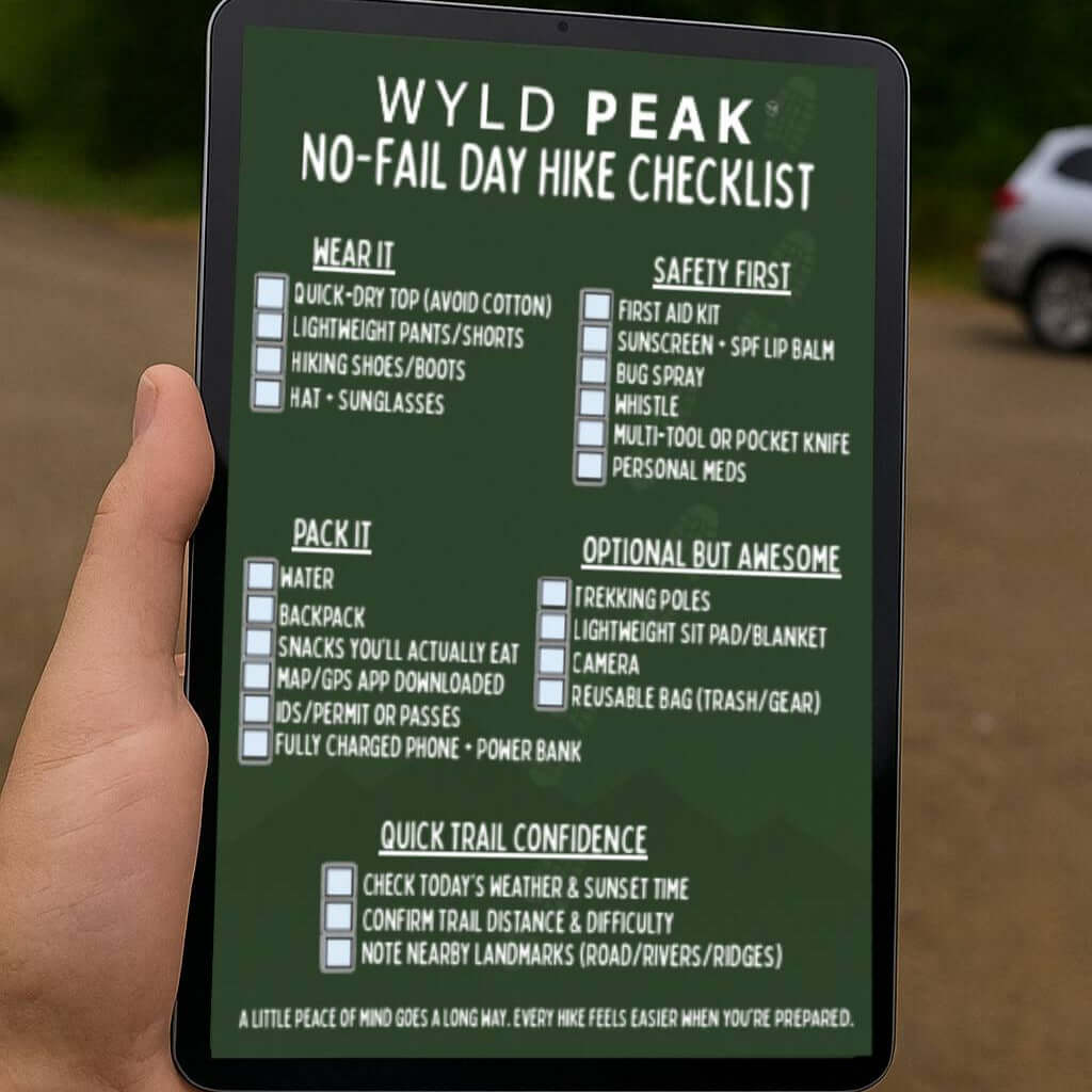 Hand holding a digital device displaying a hiking checklist with a forest background
