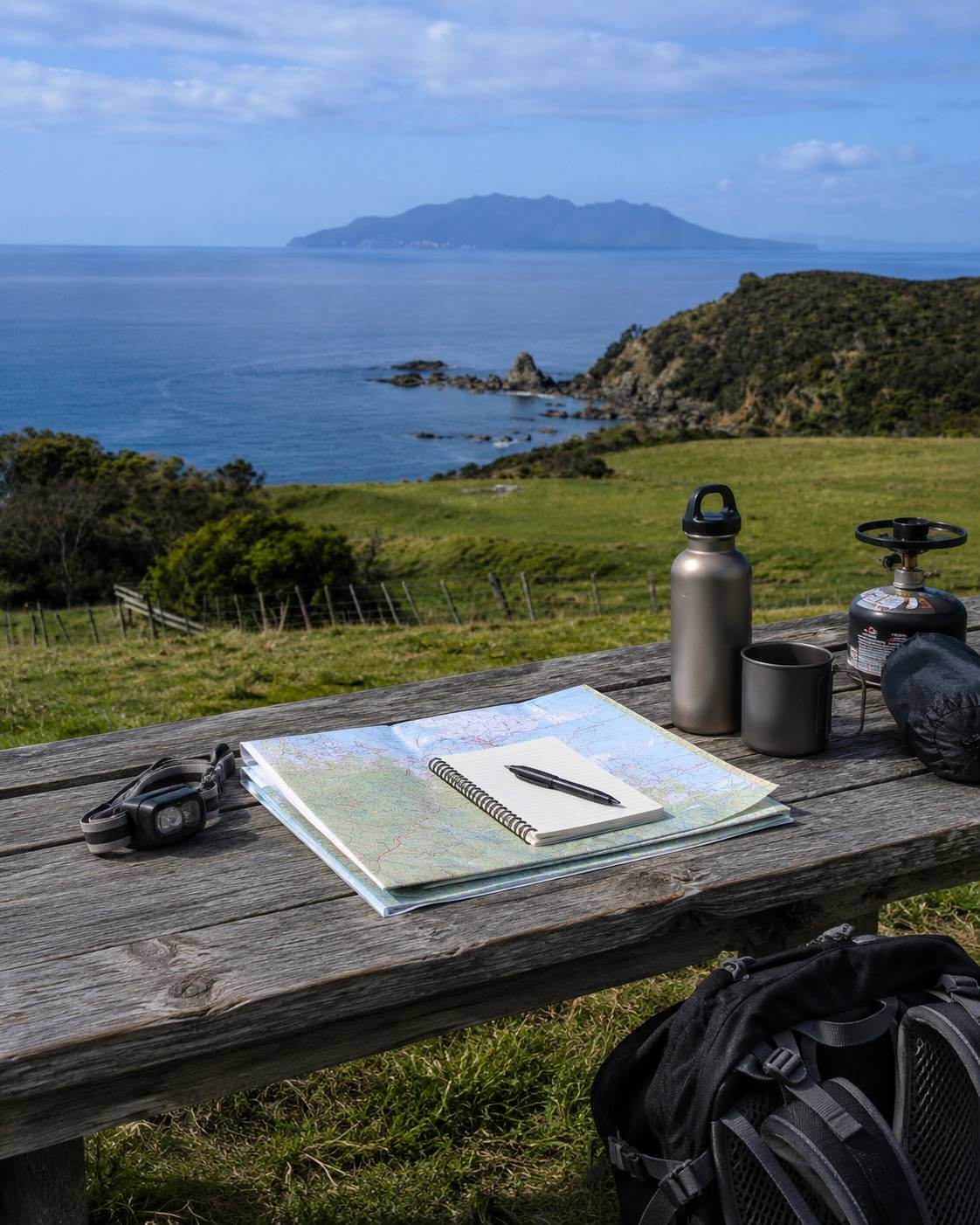 Table with map, pen, and water bottle overlooking a scenic coastal view with an island.