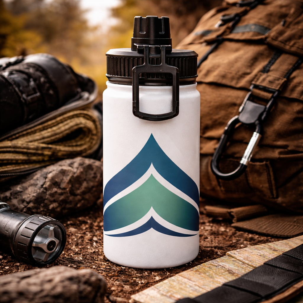White water bottle with blue and green design in a natural setting with hiking gear.