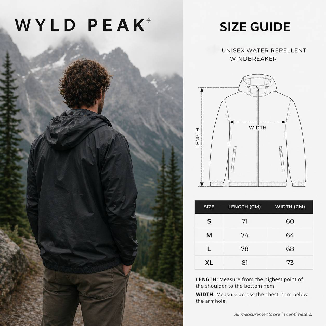 Person wearing a black jacket in a mountainous landscape with Wyld Peak branding and size guide on the right.