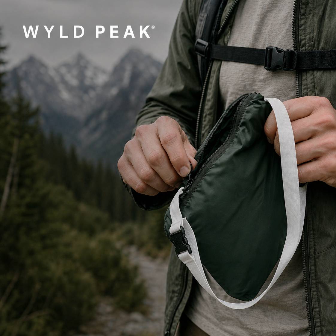 Person holding a green bag with mountains in the background, featuring the Wyld Peak brand.