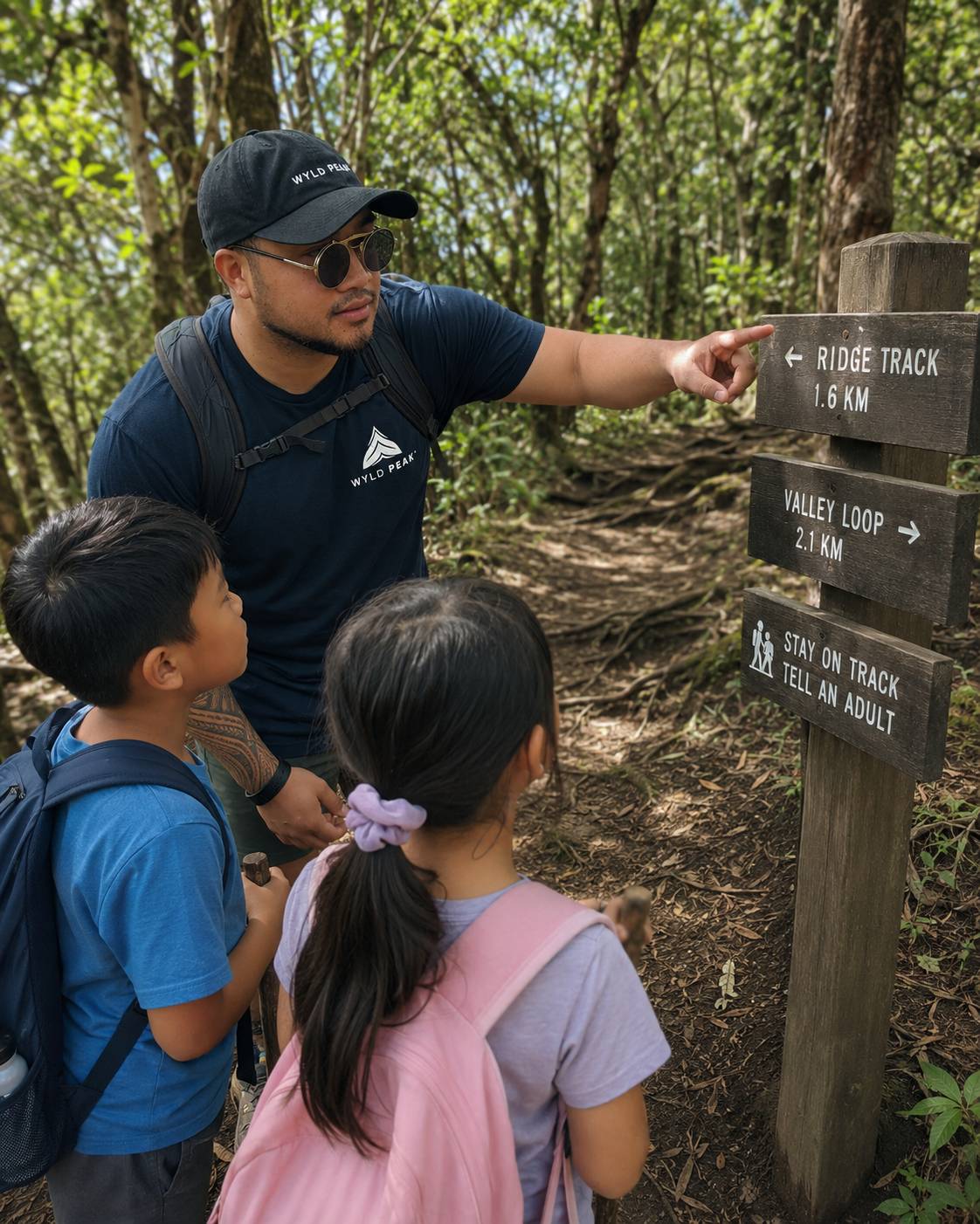 Man pointing at a hiking trail sign with two children in a forest setting