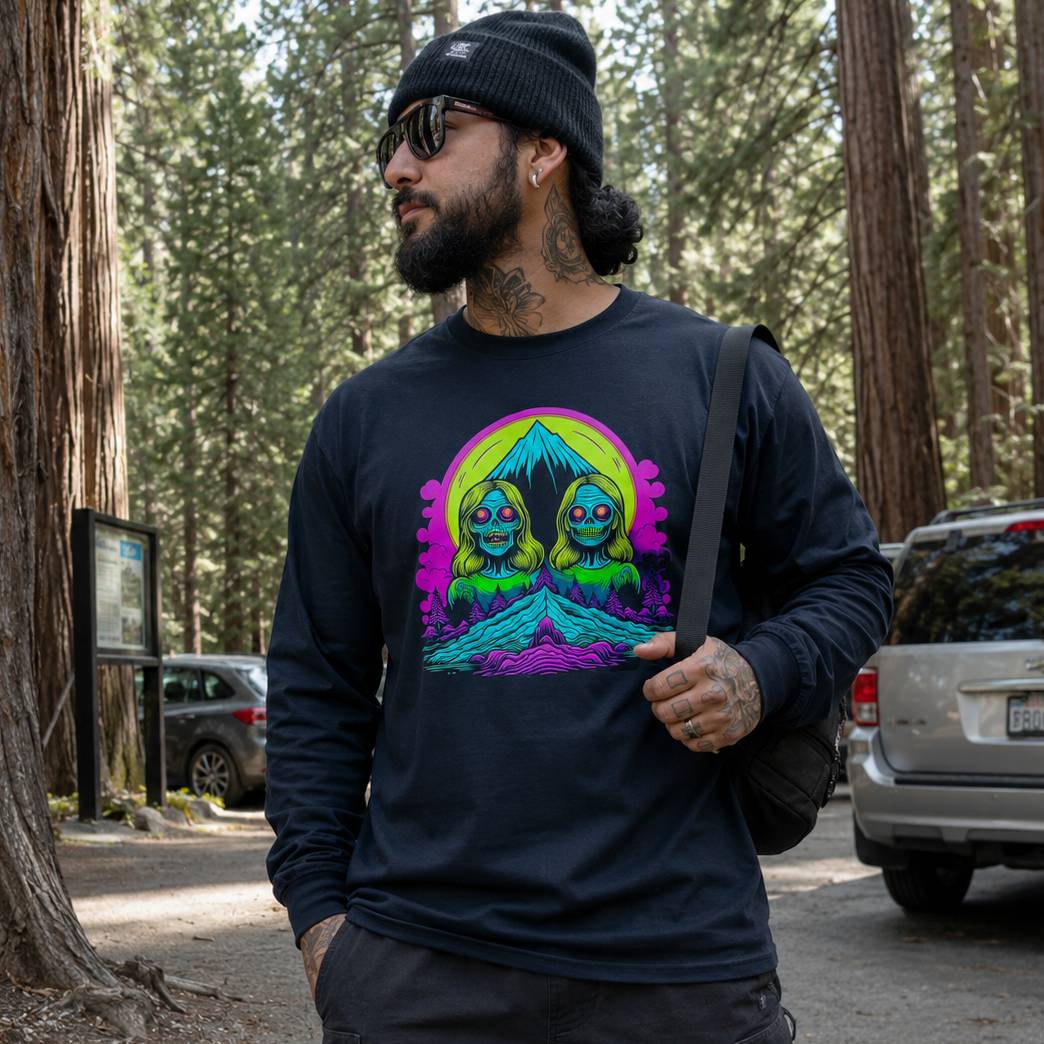 Man wearing a black sweatshirt with a colorful graphic design in a forest setting