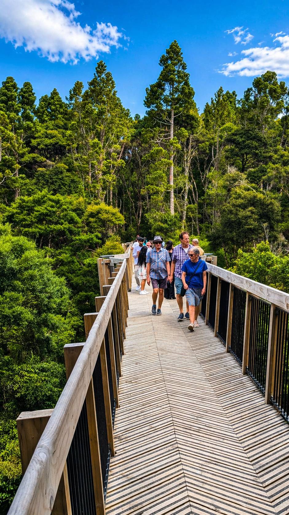 People walking on a wooden boardwalk through a forest with clear blue sky.