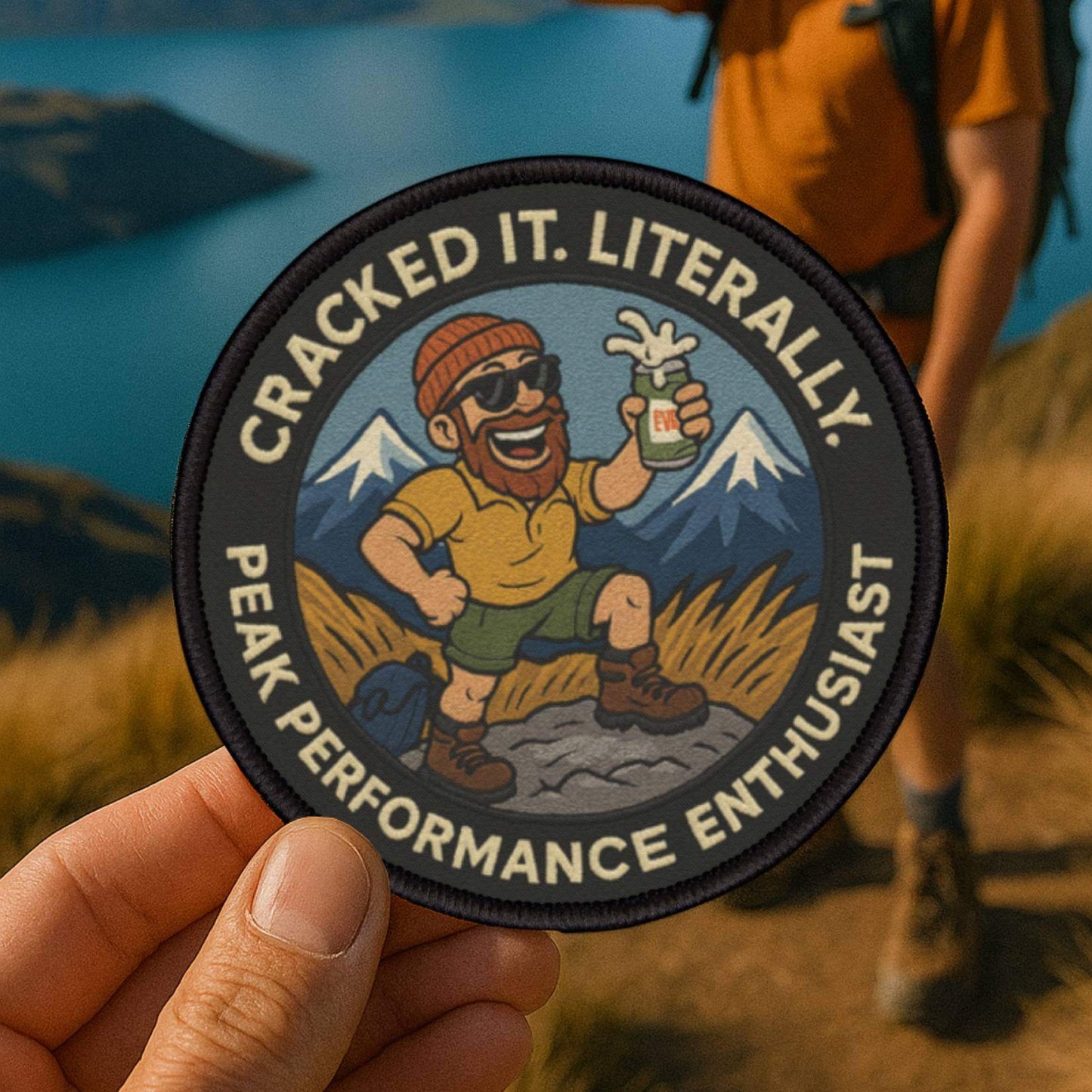 Summit Sip Club patch on a trail summit as a hiker cracks open a beer