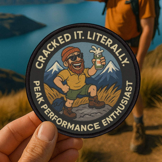 Summit Sip Club patch on a trail summit as a hiker cracks open a beer
