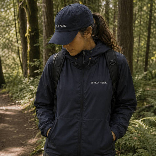 Person wearing a navy jacket and cap with 'Wyld Peak' branding in a forest setting
