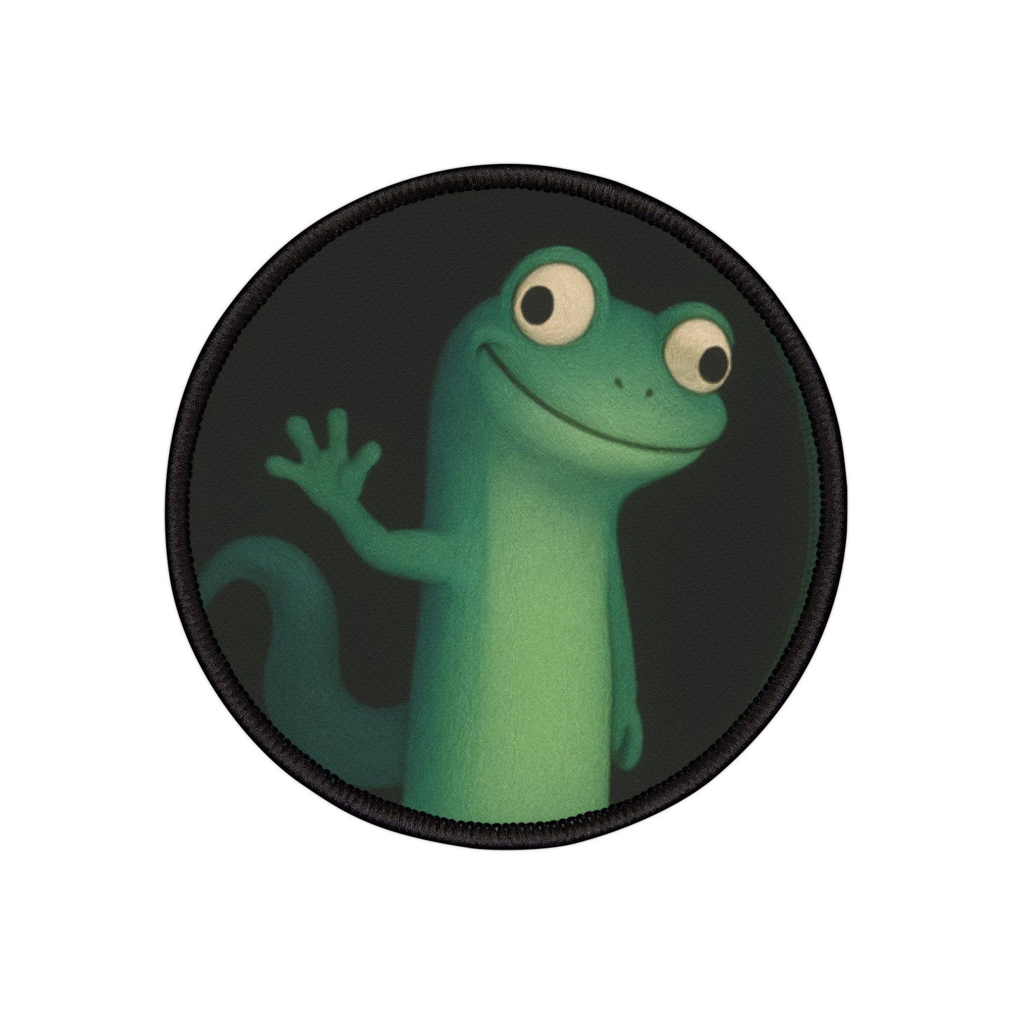 3 inch funny lizard meme iron-on patch flat on white background, polyester reptile badge for jackets and backpacks.