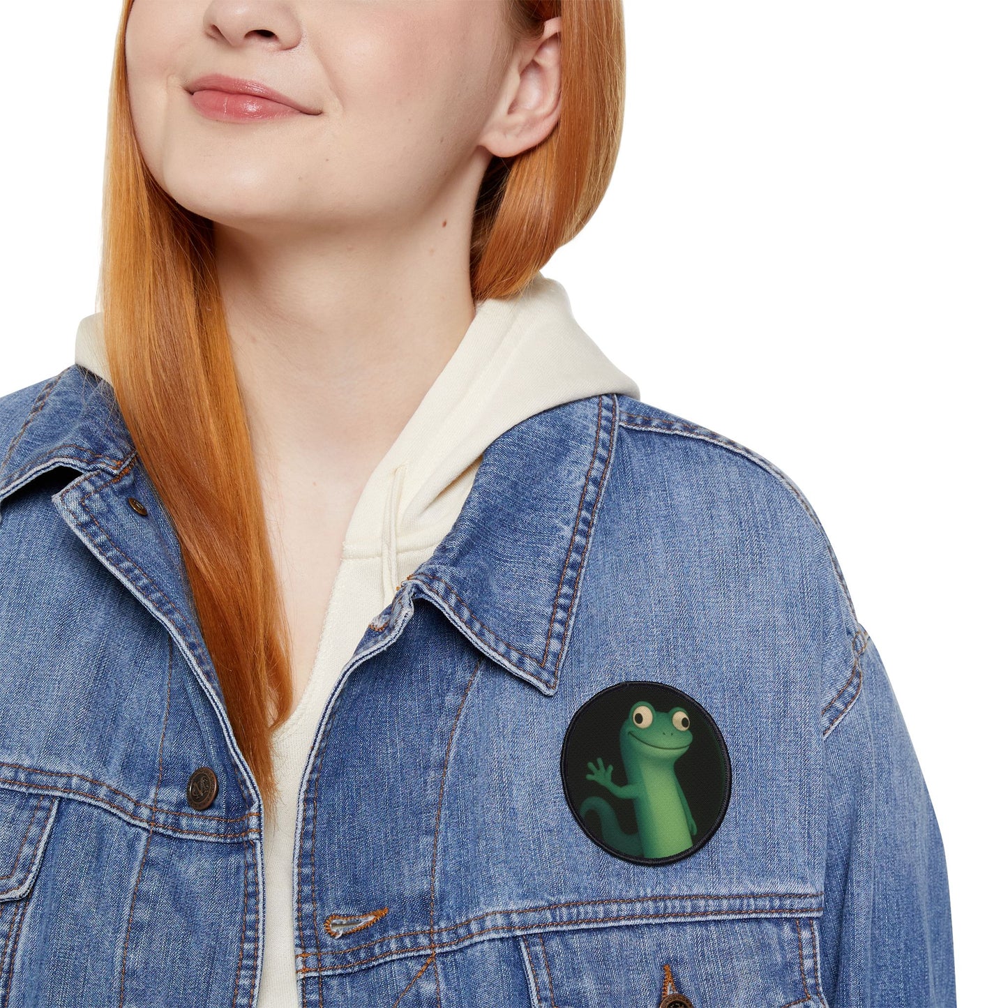 Funny lizard meme patch on women’s jacket, 3 inch iron-on reptile badge for clothing and gear.