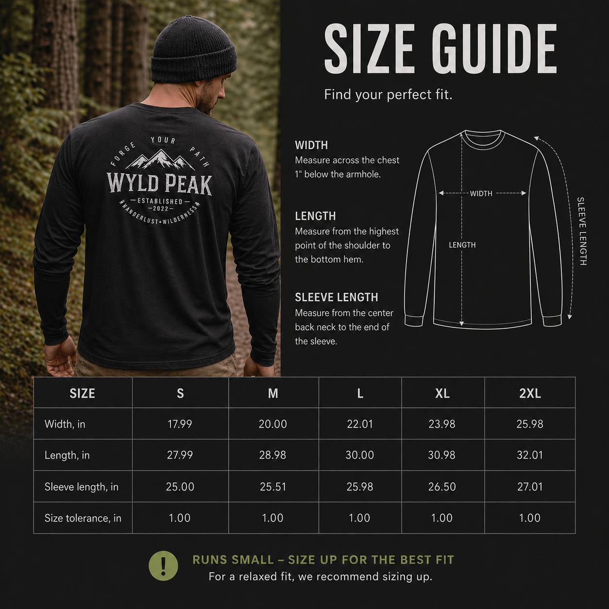 Man wearing a black long-sleeve shirt with Wyld Peak logo, size guide on the right.