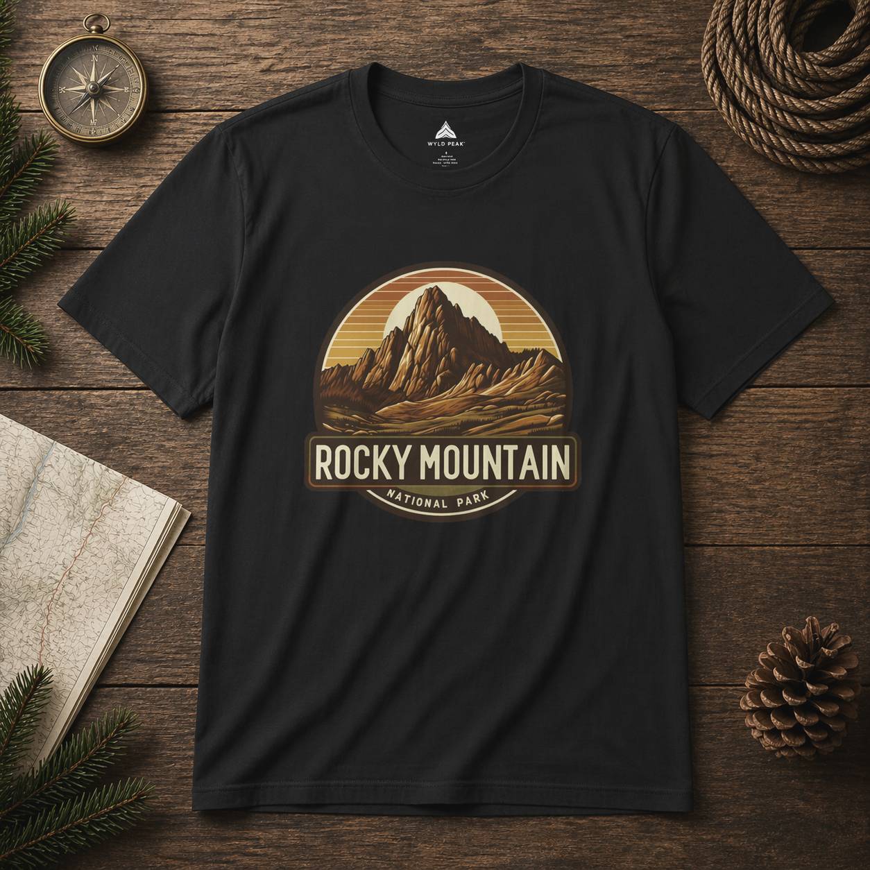 Black t-shirt with Rocky Mountain National Park graphic on a wooden surface with nature-themed decor.