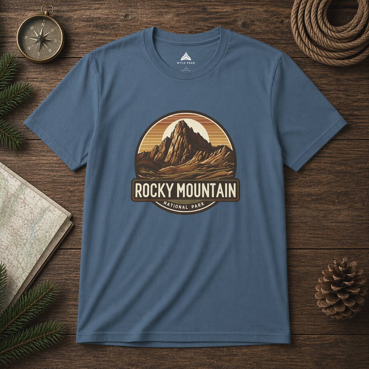 Blue t-shirt with Rocky Mountain National Park graphic on a wooden surface with nature-themed items.