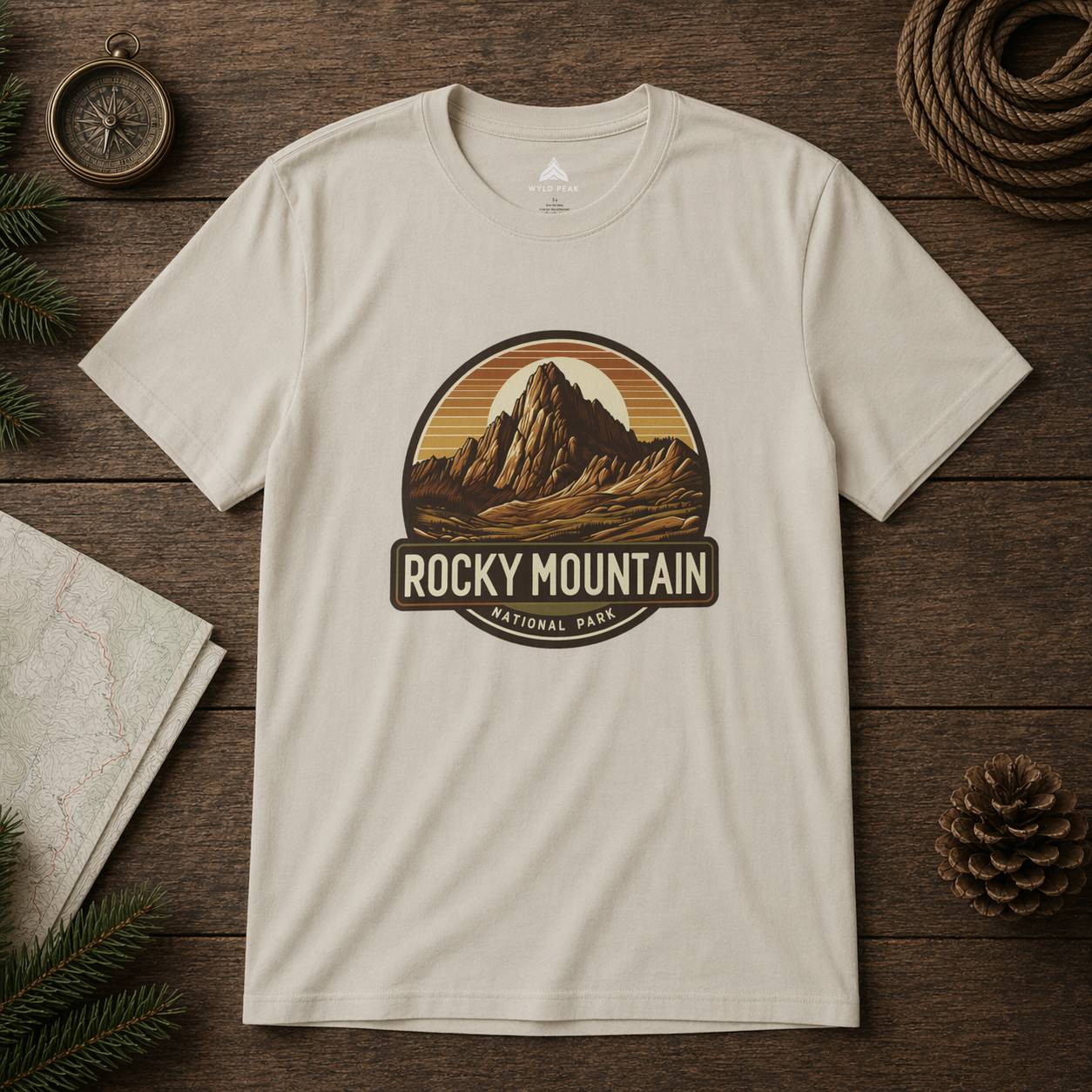 Beige t-shirt with Rocky Mountain National Park graphic on a wooden surface with nature-themed items.