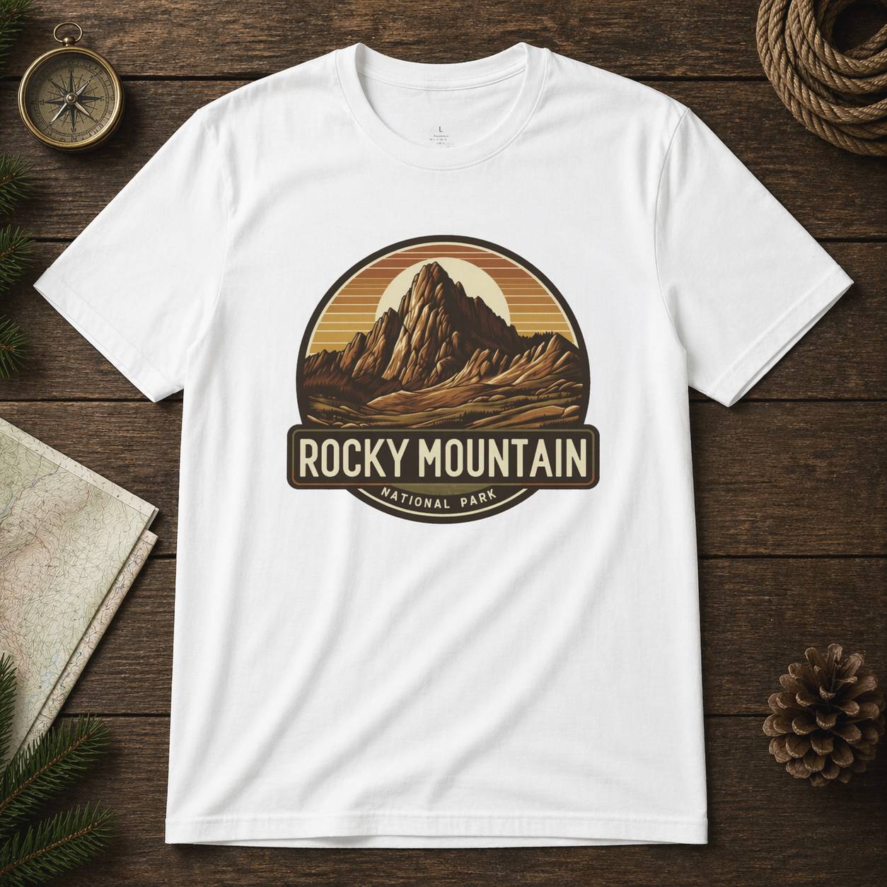 White t-shirt with Rocky Mountain National Park graphic on a wooden surface with nature-themed items.
