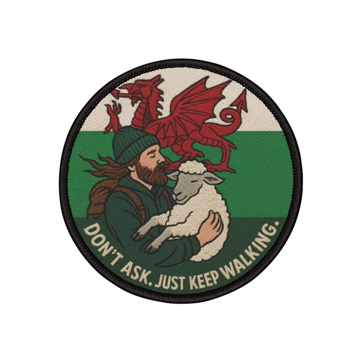 Lost in Wales patch with sheep character on a white background