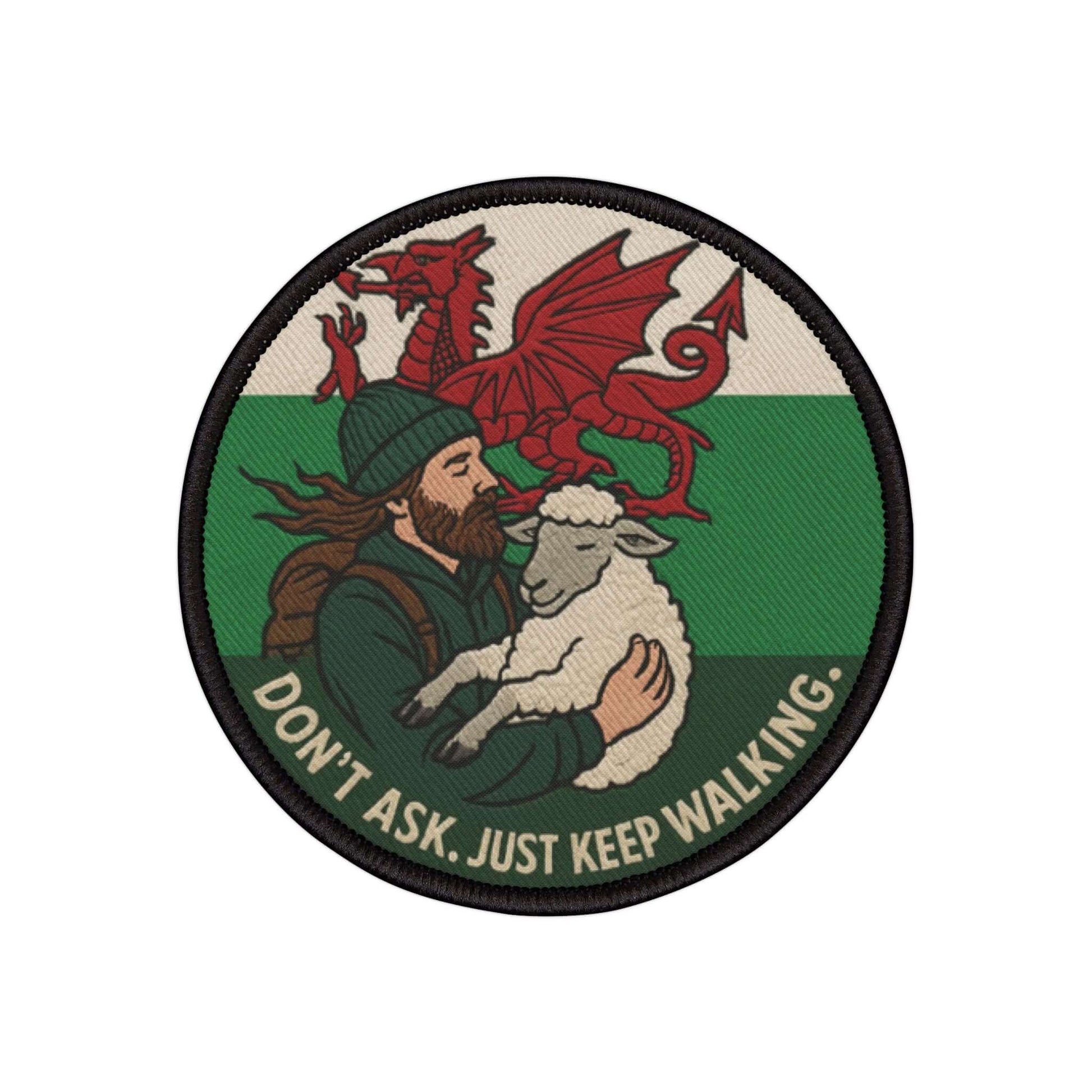 Lost in Wales patch with sheep character on a white background
