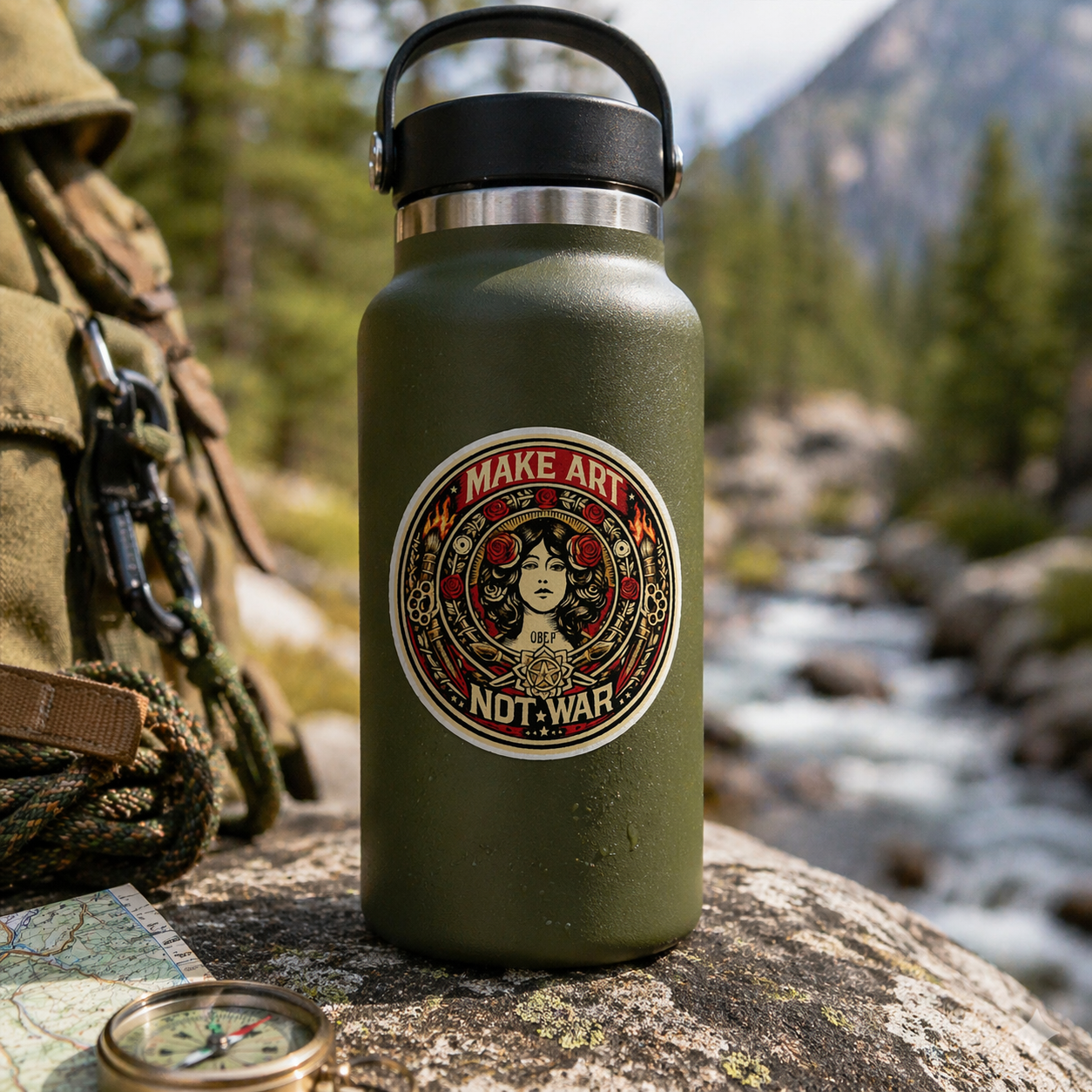 Green water bottle with 'Make Art Not War' design in a natural setting with a backpack and compass.