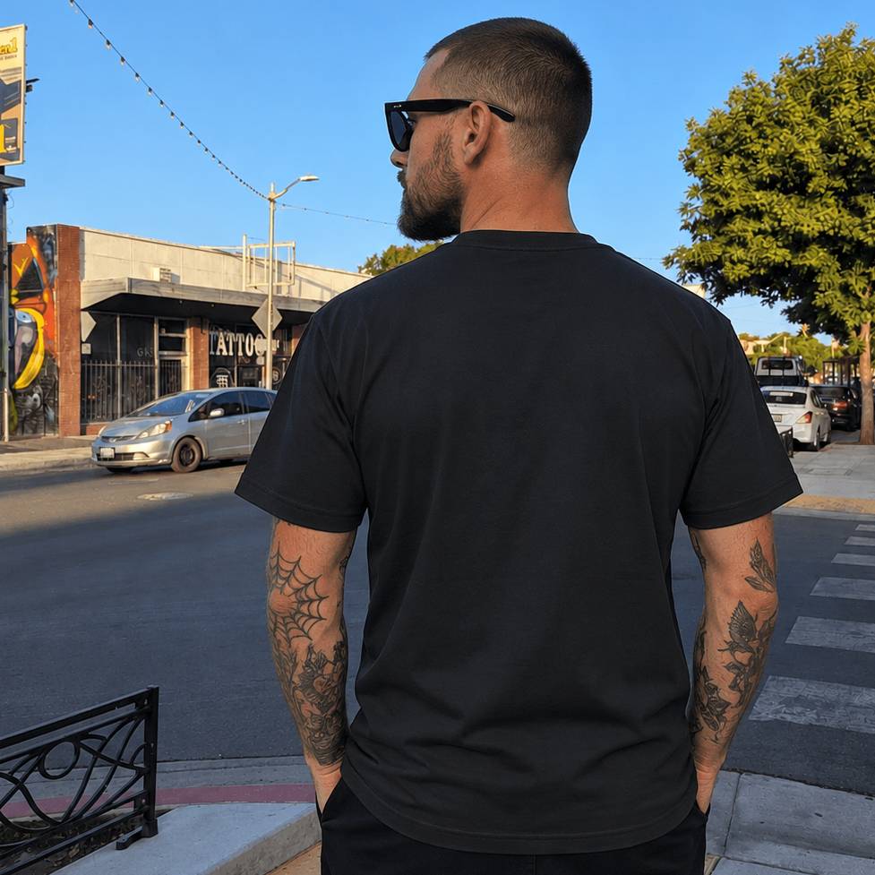 A man with tattoos and sunglasses, viewed from behind, wearing a plain black crewneck t-shirt on a city street.