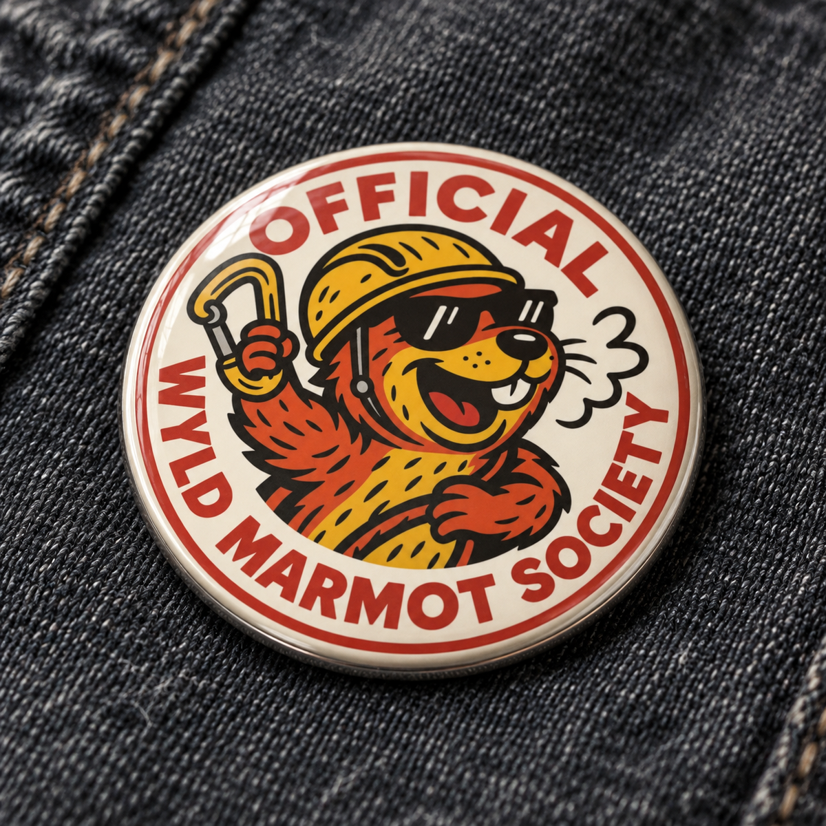 A round pin badge featuring a cartoon marmot wearing sunglasses and a yellow helmet, with the text 'OFFICIAL WYLD MARMOT SOCIETY' around the edge, placed on dark gray denim fabric.