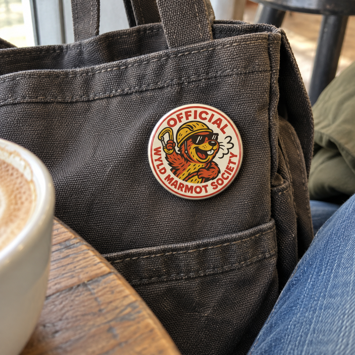 A round enamel pin featuring a cartoon marmot wearing a yellow hat and sunglasses, with the text 'OFFICIAL WYLD MARMOT SOCIETY' around it, attached to a dark canvas tote bag in a cafe setting.