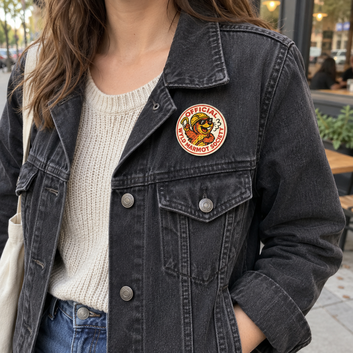 A person wearing a dark washed denim jacket over a cream knit sweater, with a circular 'Wyld Marmot Society' button on the chest pocket. The background shows a softly blurred outdoor cafe setting.