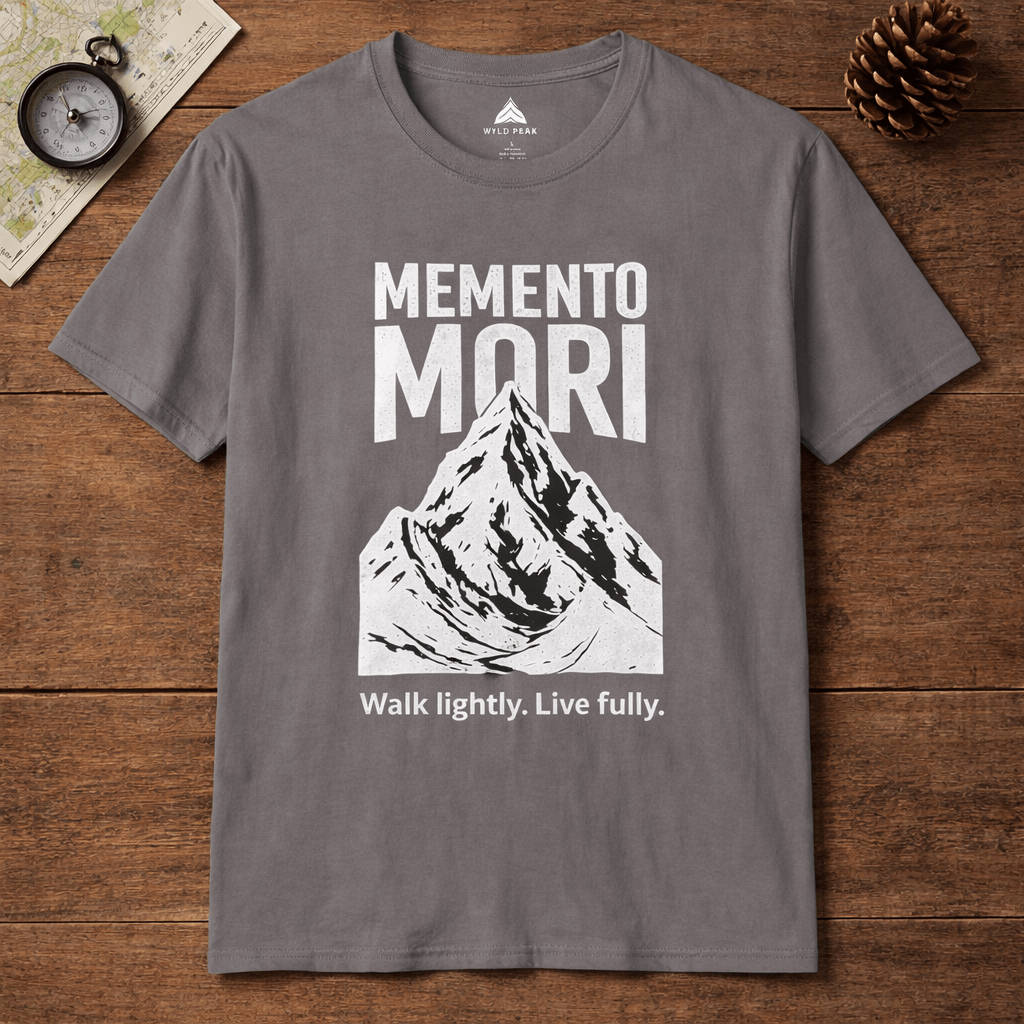 charcoal memento mori stoicism graphic t-shirt laid flat