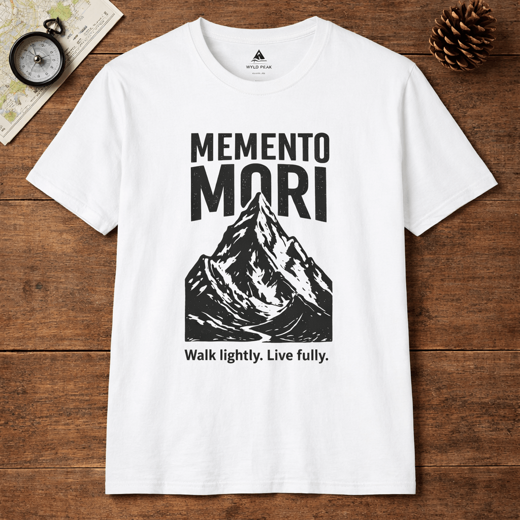 white memento mori unisex graphic tee laid flat on desk