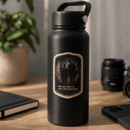 Black water bottle with a design on a wooden surface with a plant and camera in the background