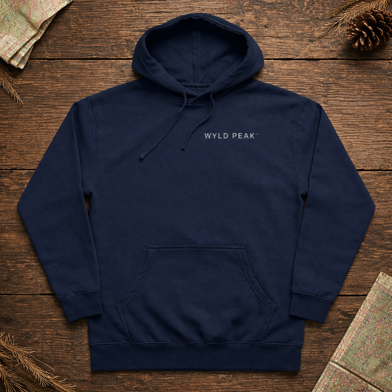 Navy blue hoodie with 'WYLD PEAK' logo on a wooden surface