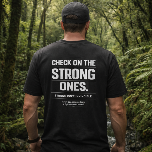 Man wearing black mental health graphic tee outdoors in nature