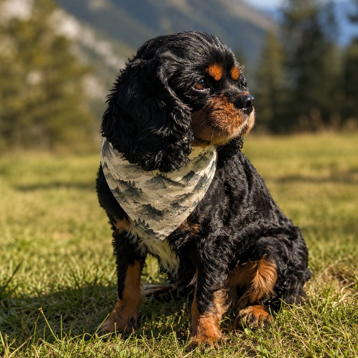 Dog wearing a bandana in a grassy field with mountains in the background