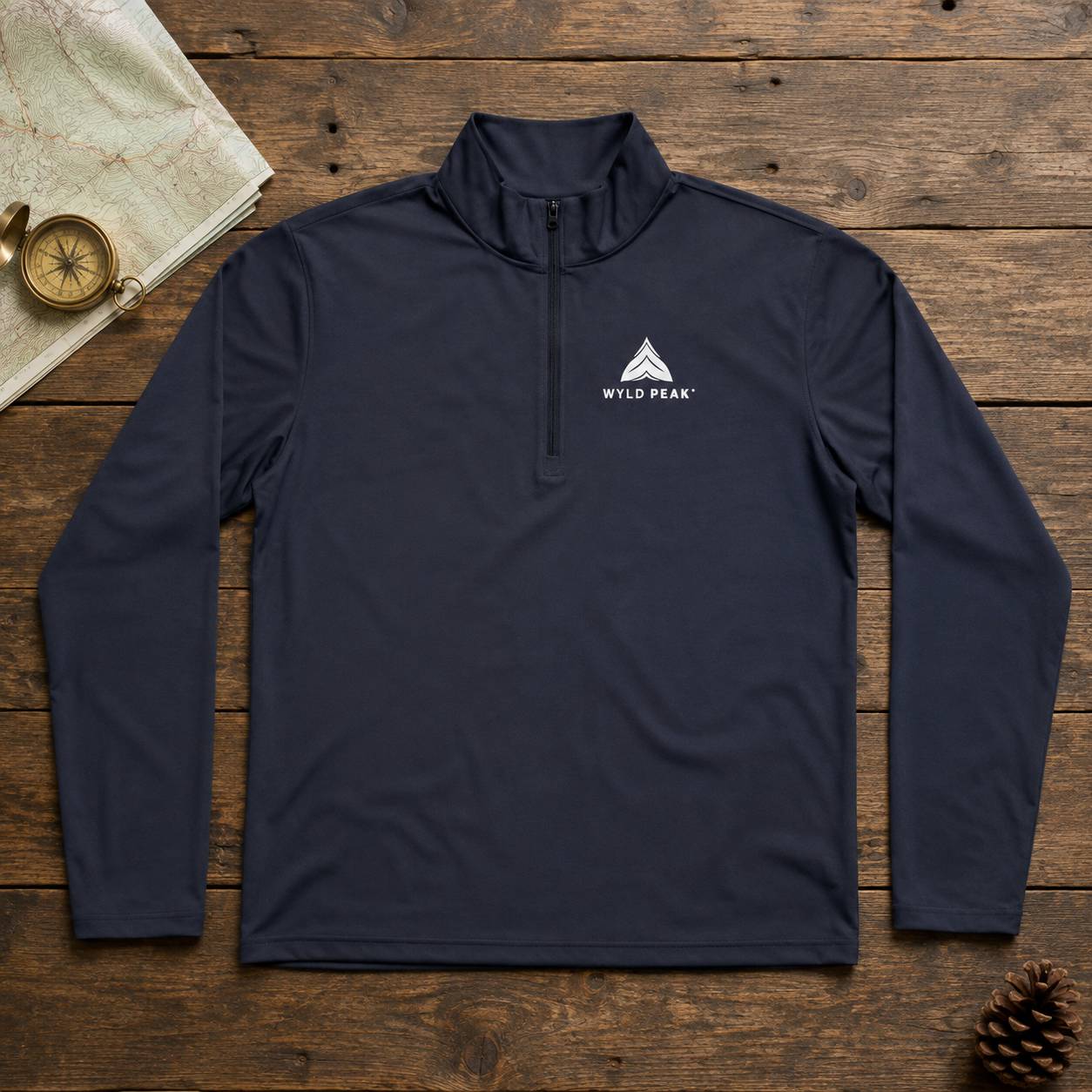 A navy blue long-sleeve quarter-zip pullover with a white 'WILD PEAK' logo on the left chest, laid flat on a rustic wooden surface with a map, compass, and pinecone as props.
