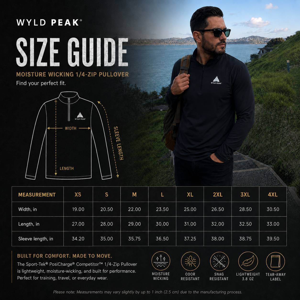 A size guide infographic for the Wyld Peak Moisture Wicking 1/4-Zip Pullover. The left side features a black background with a white line drawing of a pullover jacket, dimension lines, and a measurement table from XS to 4XL.