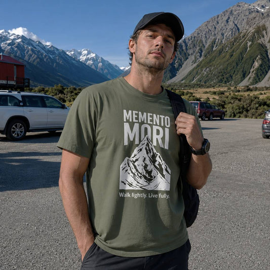 Man wearing a 'Memento Mori' t-shirt with mountains in the background