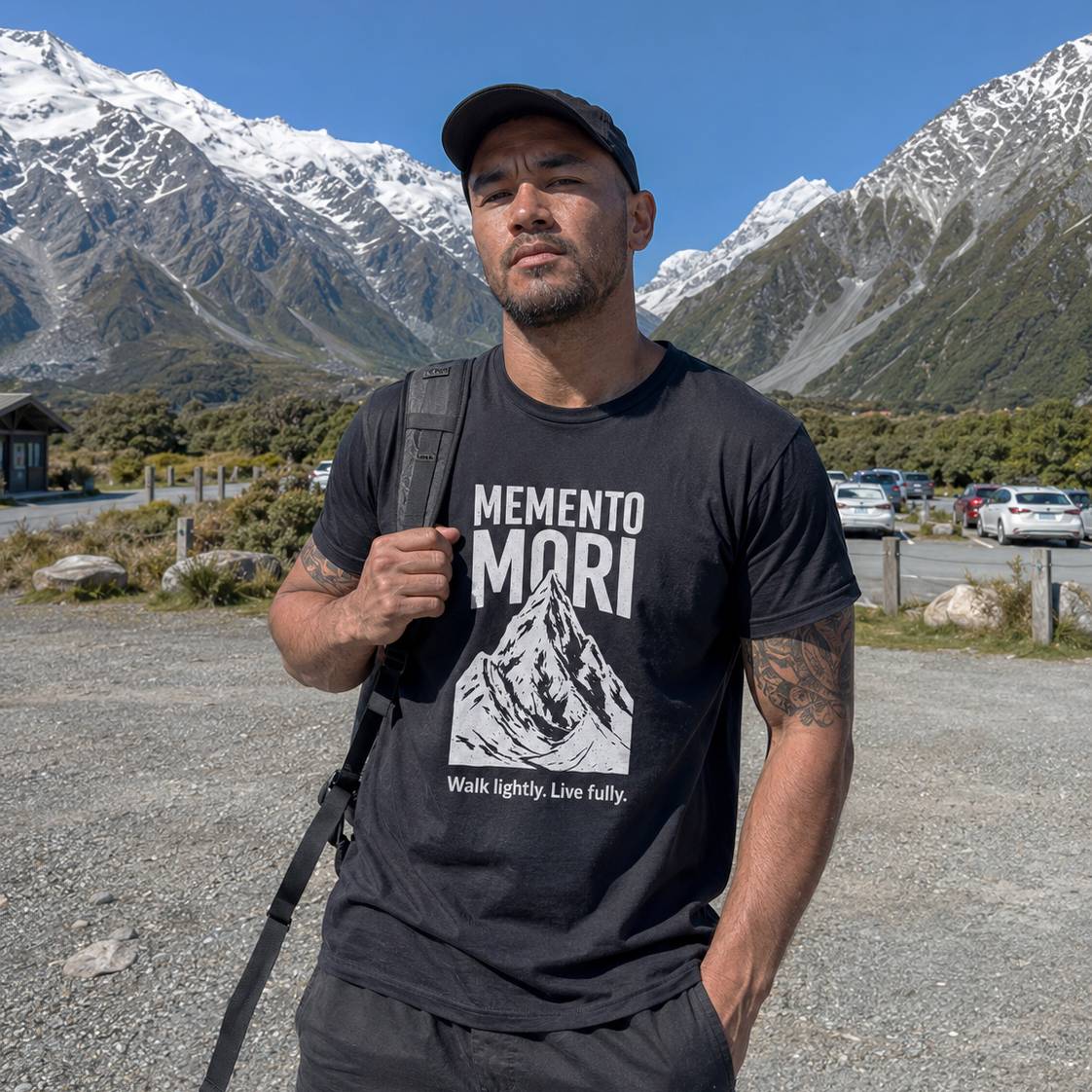 Man wearing a black t-shirt with 'Memento Mori' design in a mountainous landscape.