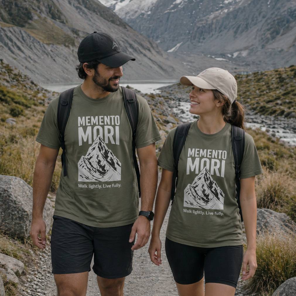 Two people hiking in a mountainous area wearing 'Memento Mori' t-shirts.