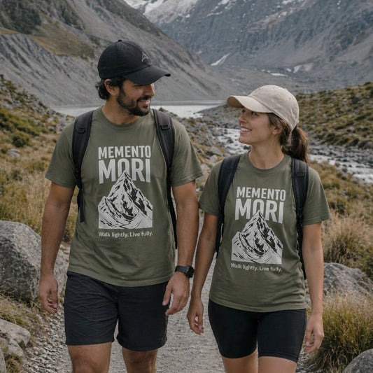 Two people hiking in a mountainous area wearing 'Memento Mori' t-shirts.