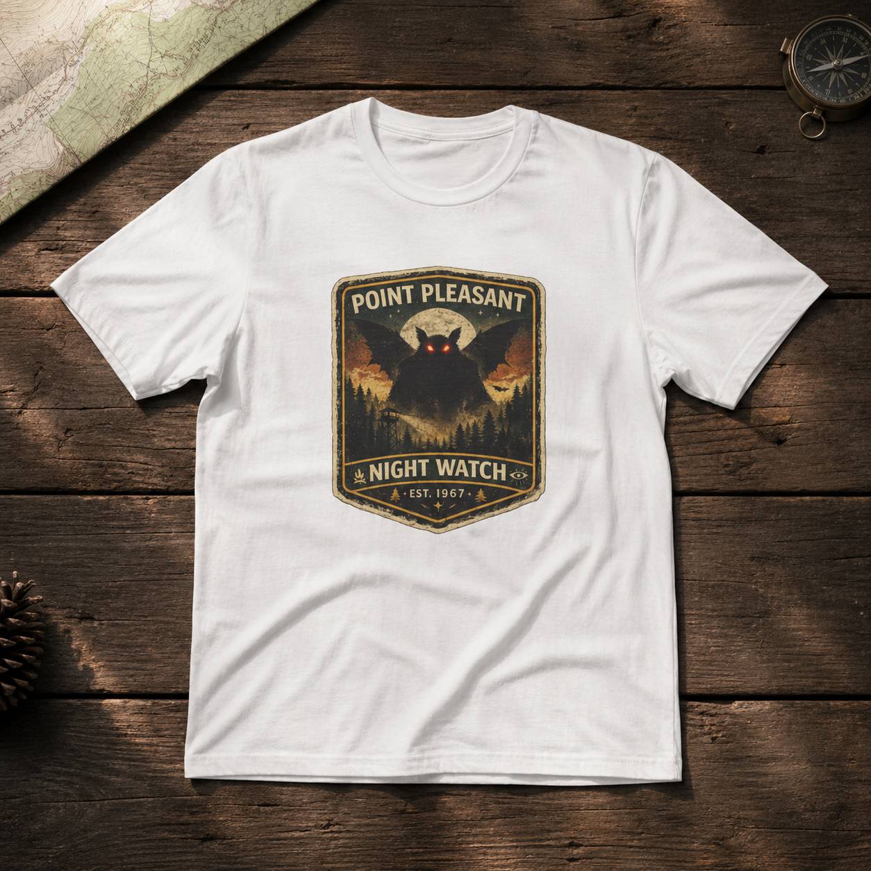 White t-shirt with 'Point Pleasant & Night Watch' graphic on a wooden surface
