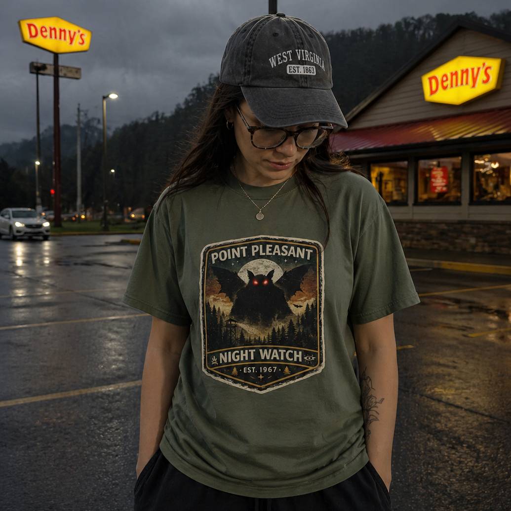 Person wearing a 'Point Pleasant Night Watch' t-shirt in front of a Denny's restaurant.