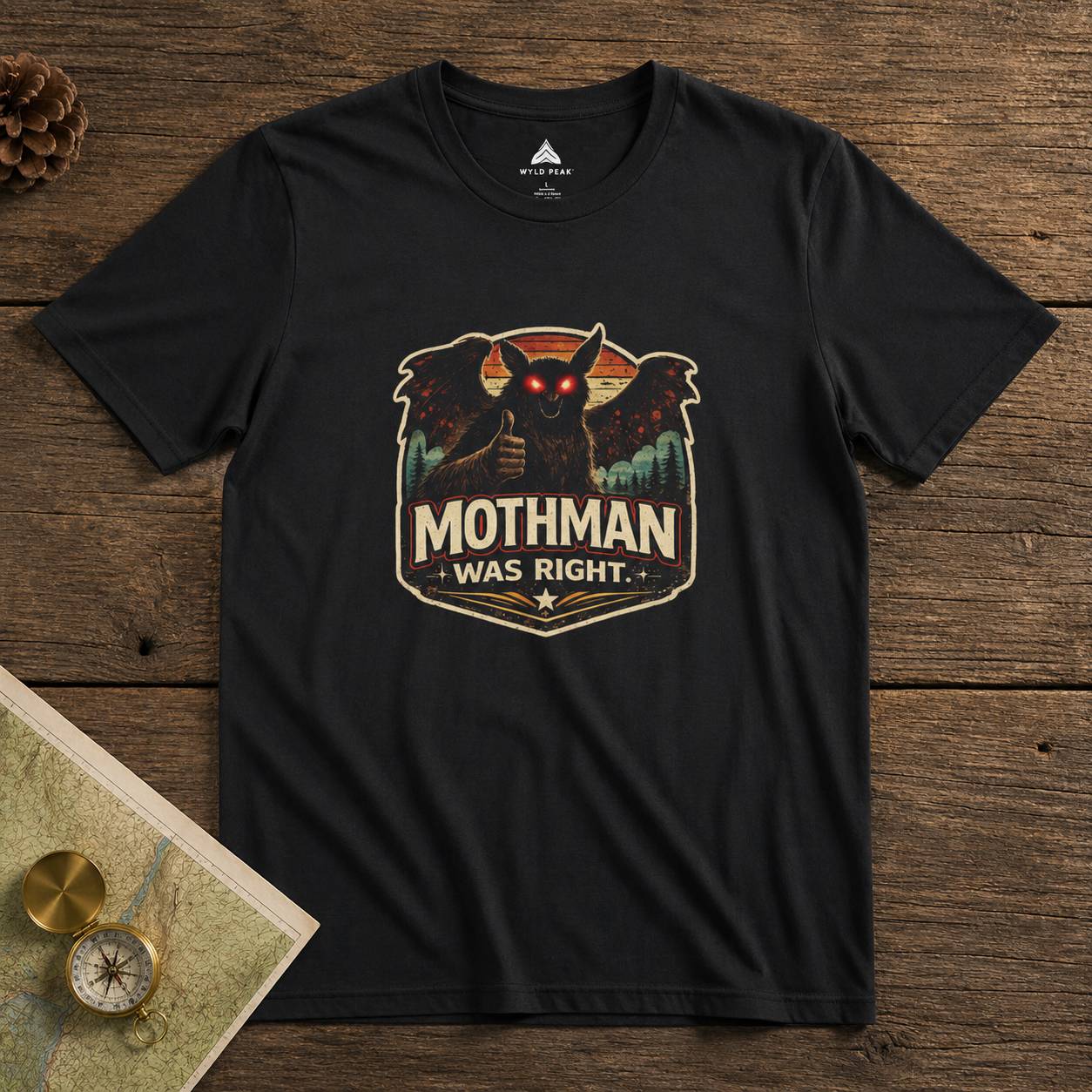 Black t-shirt with Mothman graphic and 'Mothman was right' text on a wooden surface.