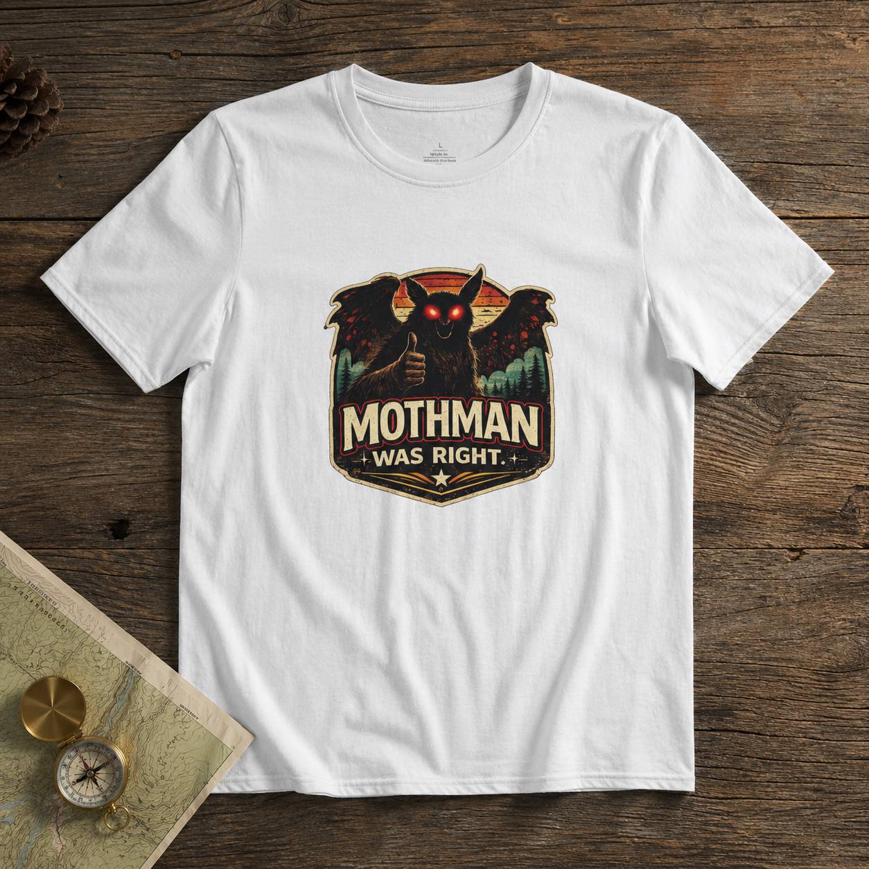White t-shirt with Mothman graphic and 'Mothman Was Right' text on a wooden surface.