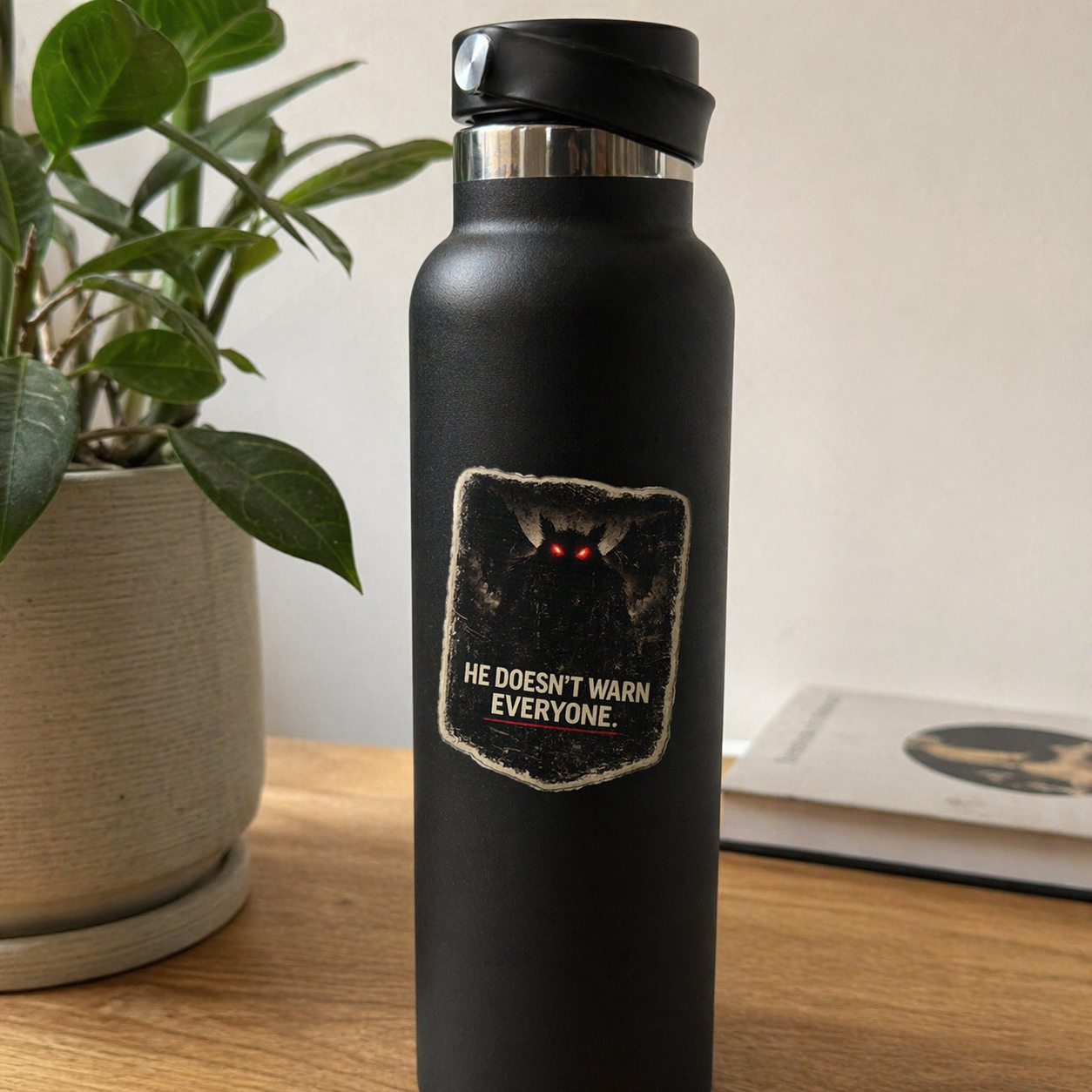 Black water bottle with a patch on a wooden surface next to a plant