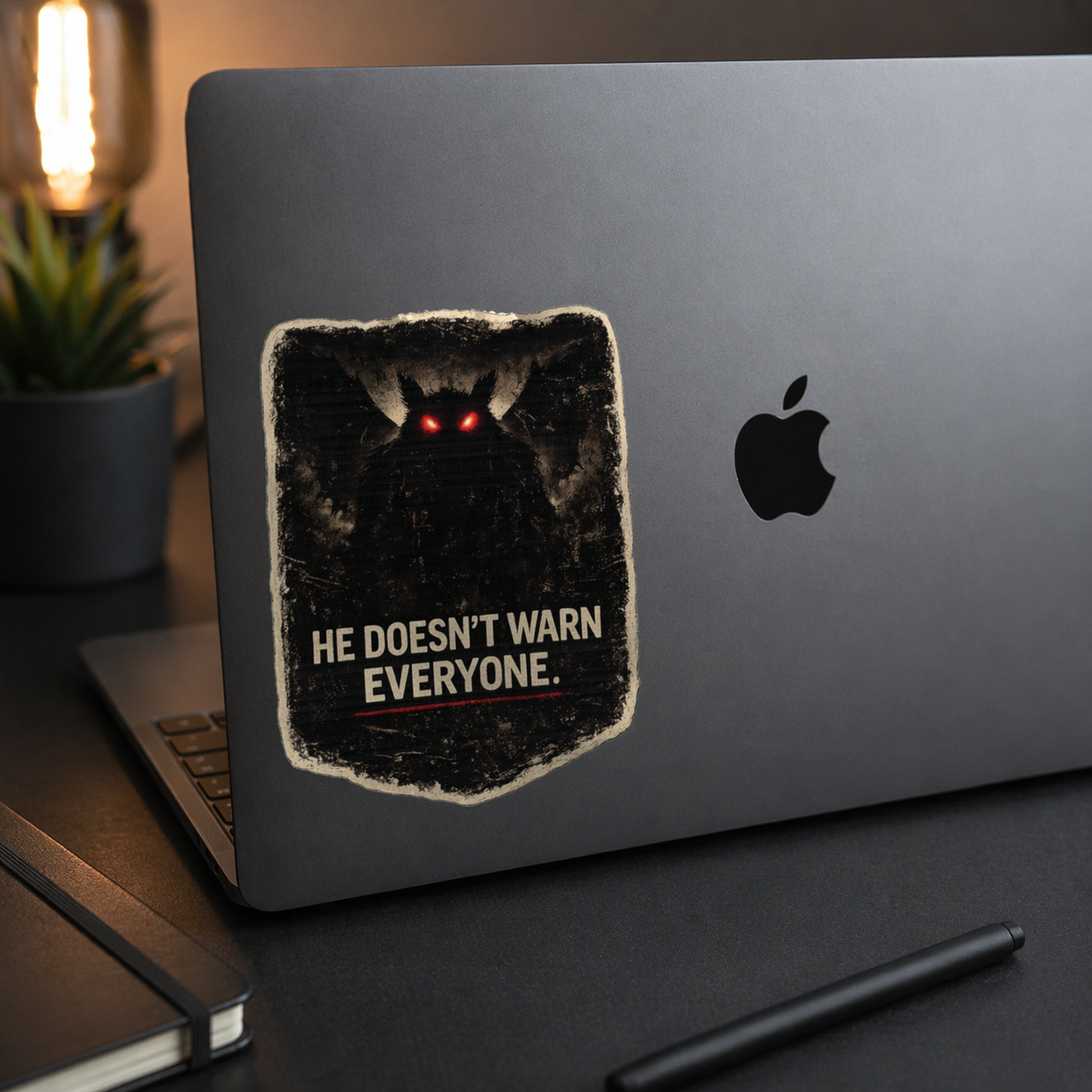 Laptop with a mothman sticker on a desk, featuring an Apple logo.