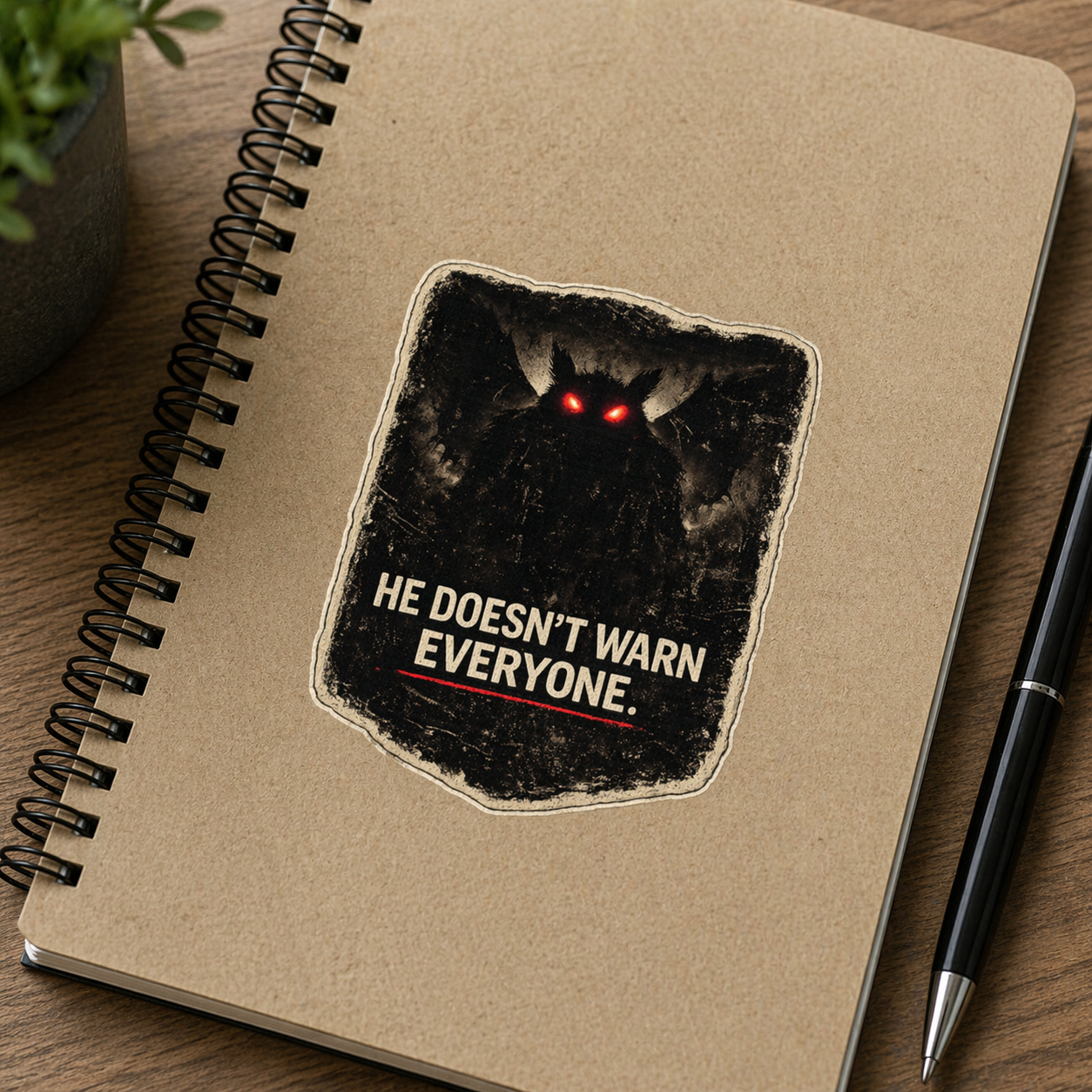 Notebook with a sticker featuring a dark mothman creature and text on a wooden surface